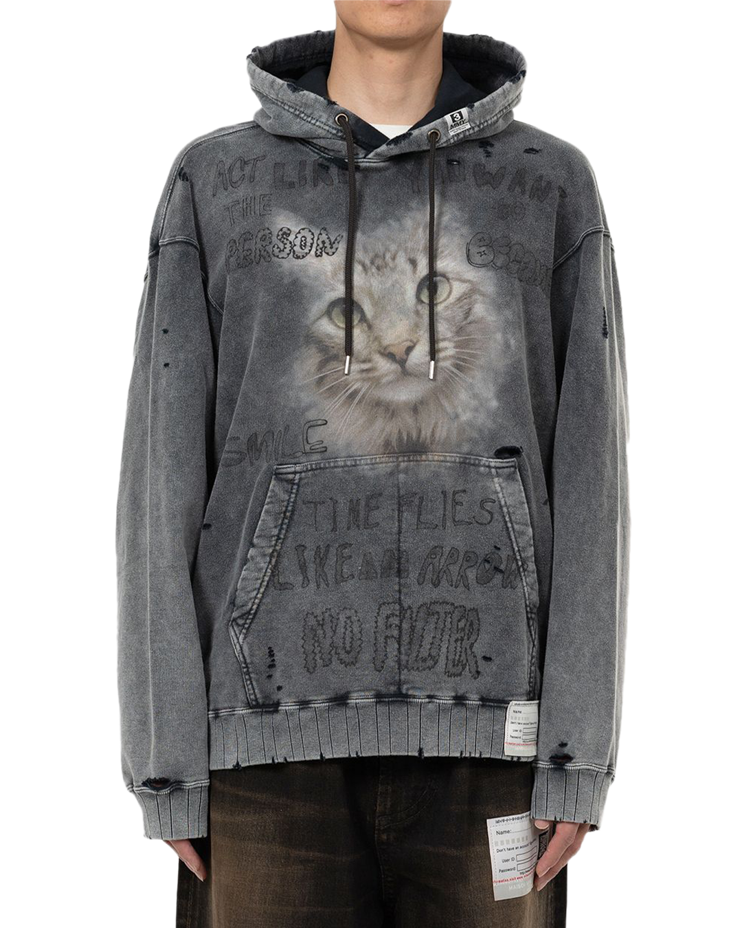 Maison MIHARA - Cat Print Hoodie Black Bleached